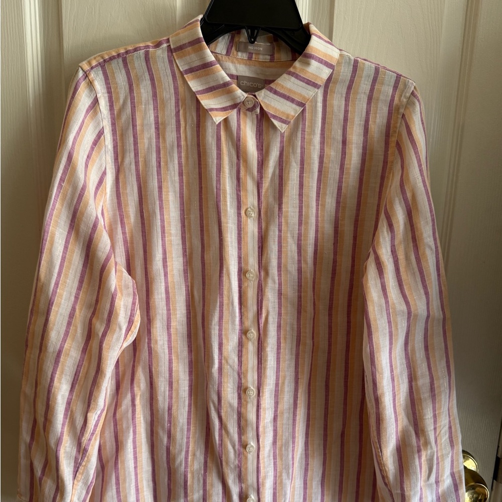 Chico's Pink and White Striped Button Down Shirt